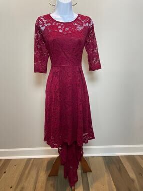 Anette NWT Small Red Wine Lace Dress High Low Hem Sheer Sleeves Lined